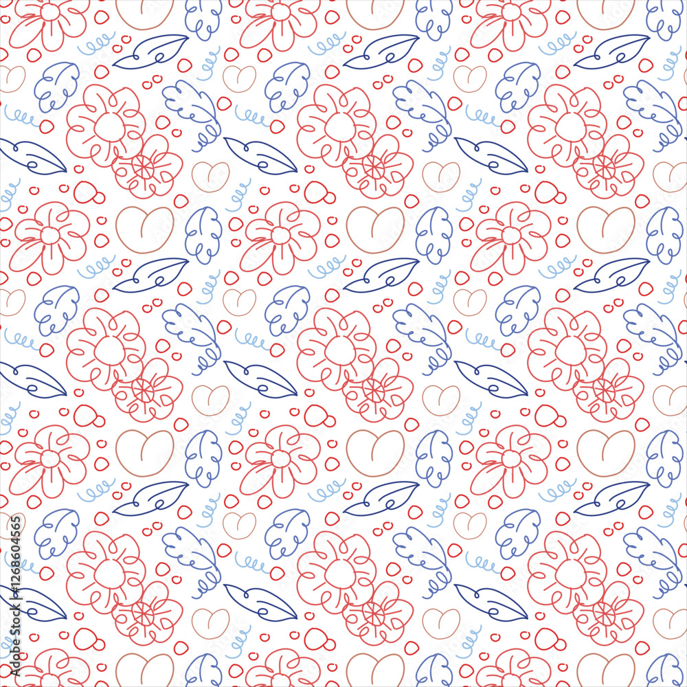 Seamless pattern of line art floral and leaves in vibrant color for your design project or fabric pattern. Seamless pattern of line art floral and leaves in vibrant color for your design project or fabric pattern.