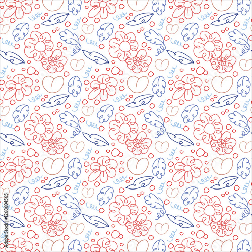 Seamless pattern of line art floral and leaves in vibrant color for your design project or fabric pattern.