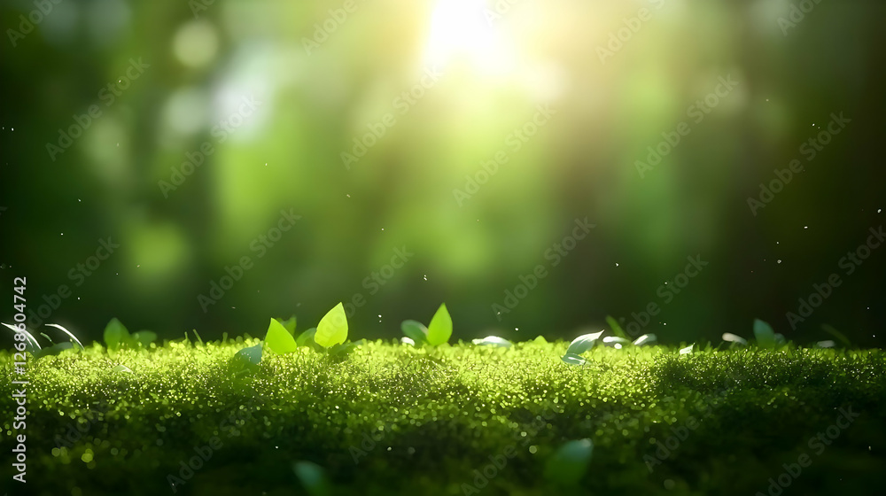 Fototapeta premium Vibrant Green Forest Landscape with Sunlight and Moss