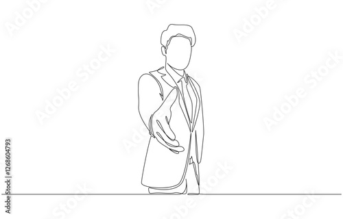 Continuous one line drawing of businessman stretching out hand to welcome new business partner, business greeting, welcoming new company employee concept, single line art