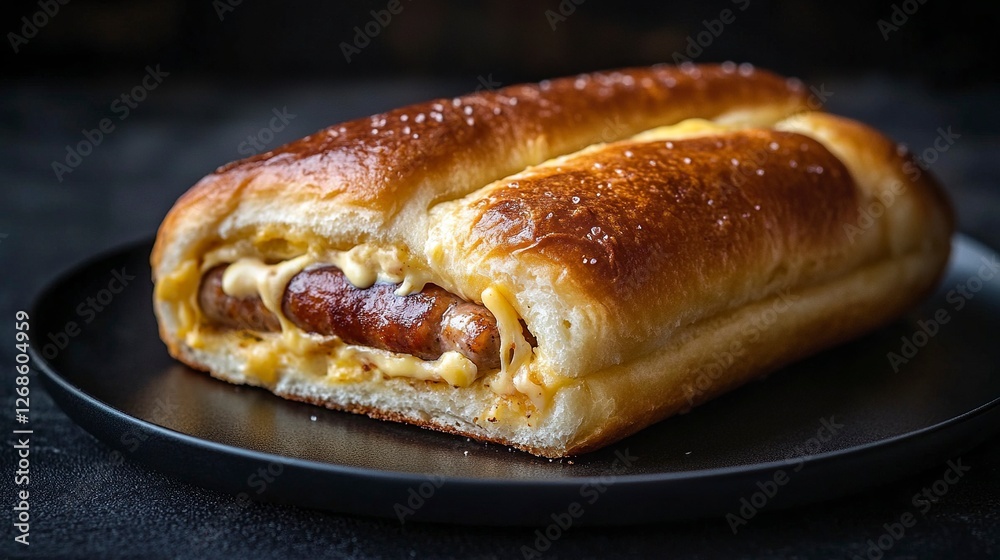 Sausage roll on a black plate, isolated against a dark background. Close-up view. Stock photo contest winner, award-winning photography, high-resolution stock photo, full of details, hyper-realistic Sausage roll on a black plate, isolated against a dark background. Close-up view. Stock photo contest winner, award-winning photography, high-resolution stock photo, full of details, hyper-realistic