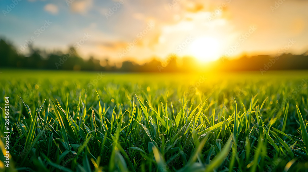Vibrant Green Grass Field at Sunset