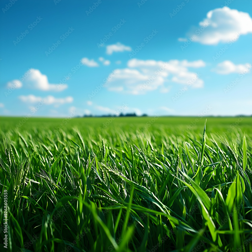 Fototapeta premium Vibrant Green Grass Field Under a Sunny Sky