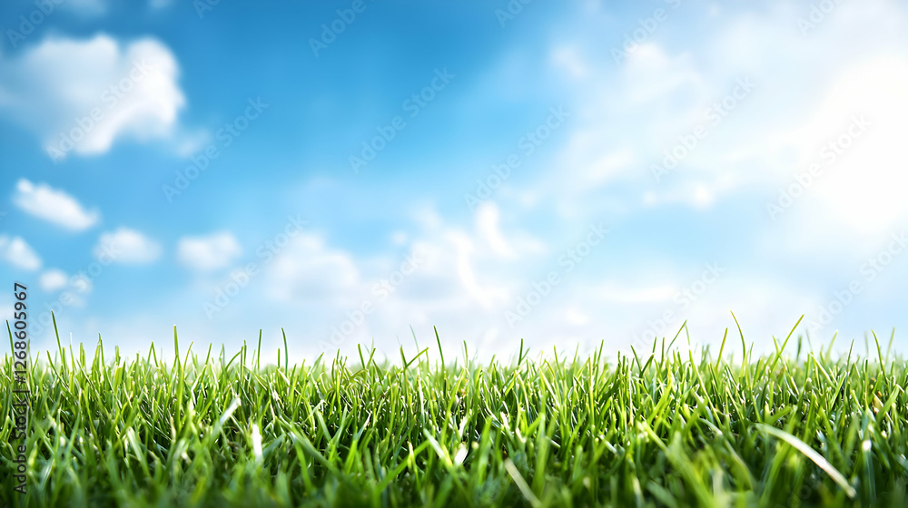 Fototapeta premium Vibrant Green Grass Under a Blue Sky with Fluffy Clouds