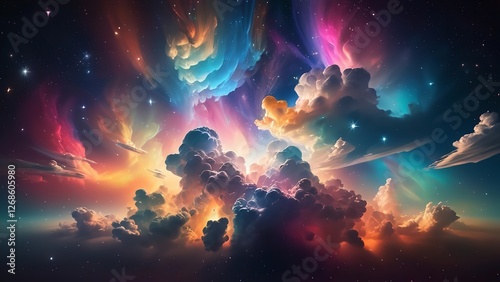 rainbow colored clouds in the sky and a colorful streak above them, as well as the stars