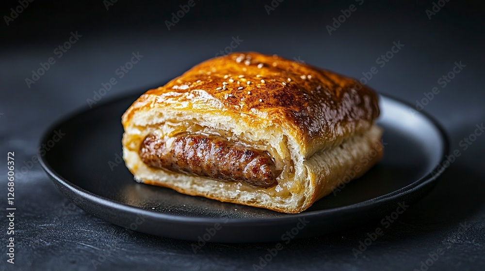 Sausage roll on a black plate, isolated against a dark background. Close-up view. Stock photo contest winner, award-winning photography, high-resolution stock photo, full of details, hyper-realistic Sausage roll on a black plate, isolated against a dark background. Close-up view. Stock photo contest winner, award-winning photography, high-resolution stock photo, full of details, hyper-realistic