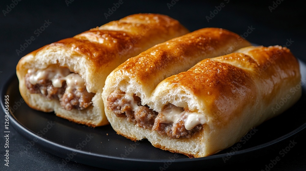 Sausage roll on a black plate, isolated against a dark background. Close-up view. Stock photo contest winner, award-winning photography, high-resolution stock photo, full of details, hyper-realistic Sausage roll on a black plate, isolated against a dark background. Close-up view. Stock photo contest winner, award-winning photography, high-resolution stock photo, full of details, hyper-realistic