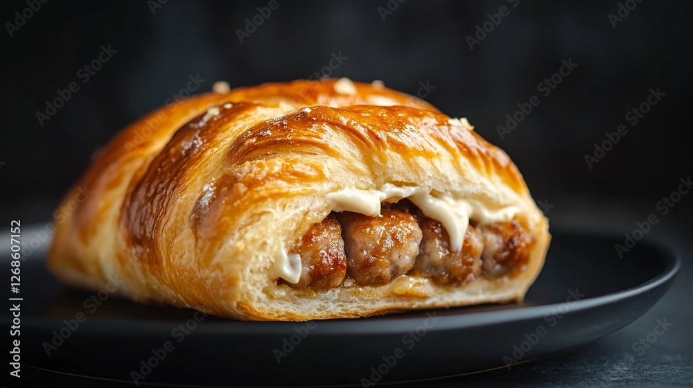 Sausage roll on a black plate, isolated against a dark background. Close-up view. Stock photo contest winner, award-winning photography, high-resolution stock photo, full of details, hyper-realistic Sausage roll on a black plate, isolated against a dark background. Close-up view. Stock photo contest winner, award-winning photography, high-resolution stock photo, full of details, hyper-realistic