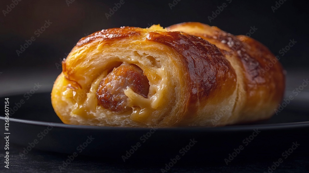 Sausage roll on a black plate, isolated against a dark background. Close-up view. Stock photo contest winner, award-winning photography, high-resolution stock photo, full of details, hyper-realistic Sausage roll on a black plate, isolated against a dark background. Close-up view. Stock photo contest winner, award-winning photography, high-resolution stock photo, full of details, hyper-realistic