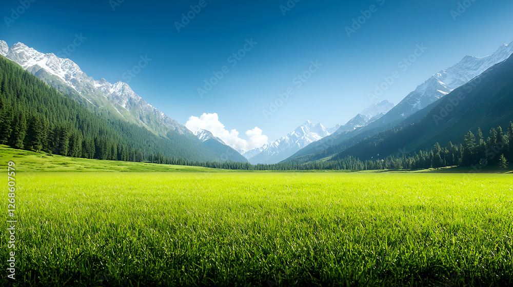 Obraz premium Vibrant Green Meadow Valley Surrounded by Snow Capped Mountains