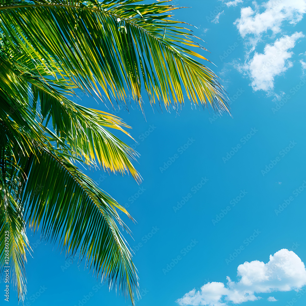Vibrant Green Palm Tree Leaves Against a Blue Sky with Fluffy White Clouds