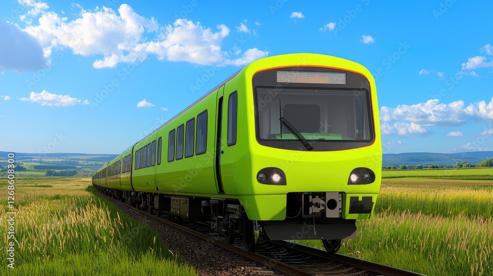 A bright green train travels through a lush landscape under a clear blue sky, showcasing modern transportation amidst nature. A bright green train travels through a lush landscape under a clear blue sky, showcasing modern transportation amidst nature.