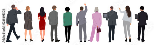 Set of different Business People Standing Back View with phones, laptop, bag. Male and Female Characters Wear formal office Clothes Rear View vector illustration Isolated on White Background.