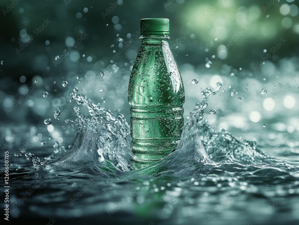 Refreshing Green Bottled Water Splashing into Clear Water Refreshing Green Bottled Water Splashing into Clear Water