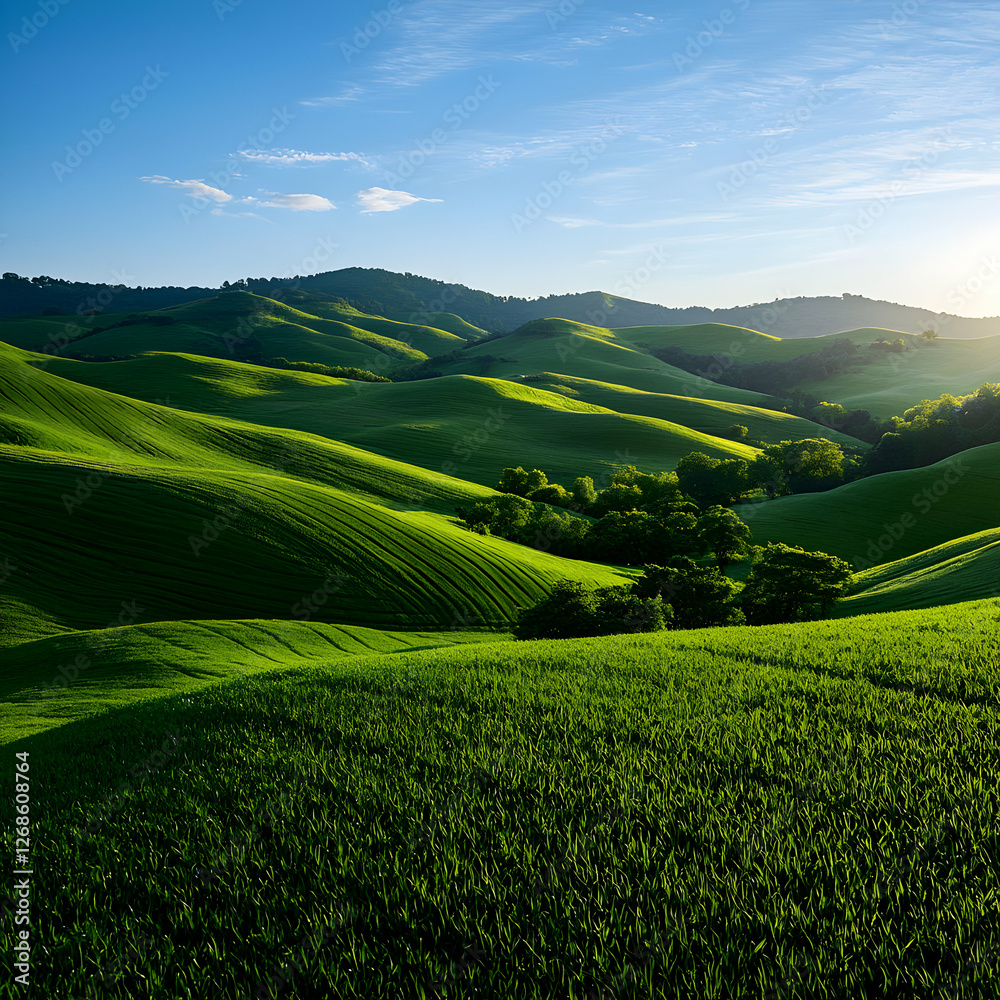 Fototapeta premium Vibrant Green Rolling Hills Under a Sunny Sky