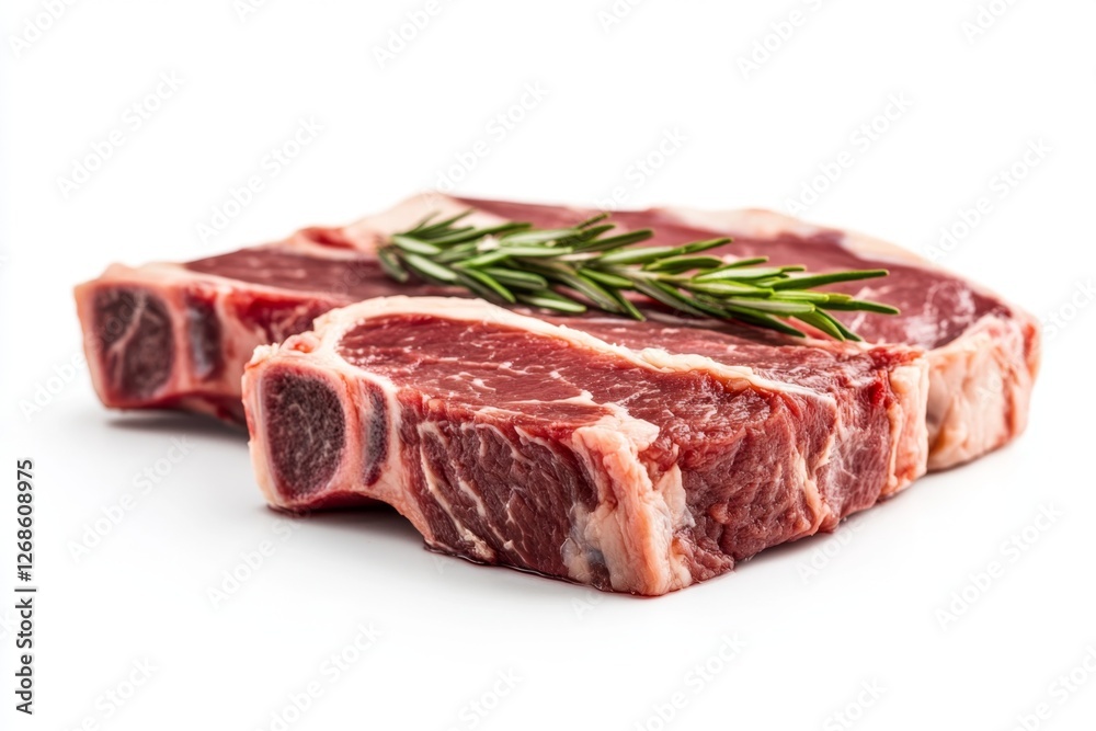 Raw steak rosemary garnish studio shot white background food photography Raw steak rosemary garnish studio shot white background food photography