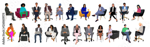 Business people sitting, taking part in meeting, business event. Set of Different female, male characters in modern business outfits. Collection of vector realistic illustrations isolated on white.