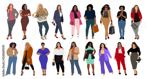 Modern curvy women set. Plus size girls standing in fashion casual and office outfits. Stylish happy young characters portraits in trendy clothes. Flat vector realistic illustrations isolated on white