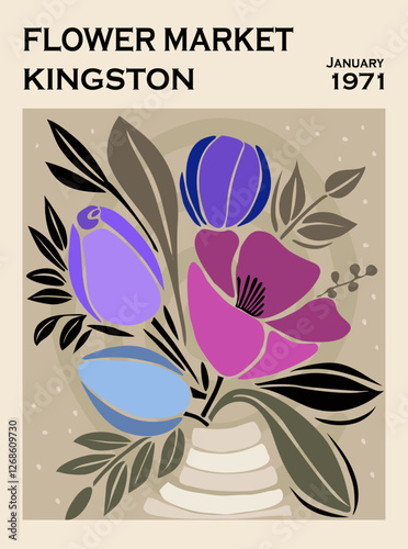 Abstract poster Flower Market Kingston print. Trendy botanical wall art with floral design in danish pastel colors. Modern naive groovy funky interior decoration, painting. Vector art illustration.