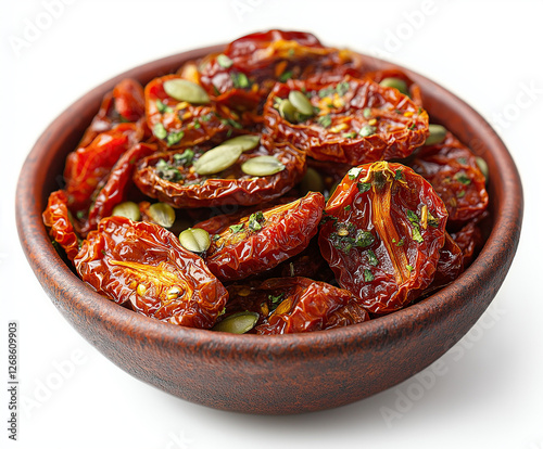 tasty sun dried whole tomatoes in oil, with pumpkin seeds and herbes in a bowl, photo