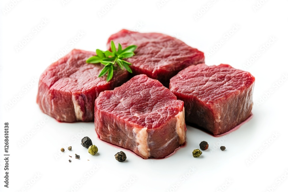 Raw beef steaks, studio shot, white background, herbs, peppercorns, recipe ingredient Raw beef steaks, studio shot, white background, herbs, peppercorns, recipe ingredient