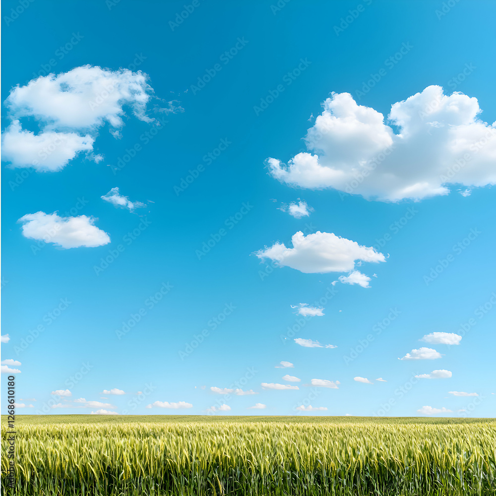 Vibrant Green Wheat Field Under a Blue Sky with Fluffy White Clouds Vibrant Green Wheat Field Under a Blue Sky with Fluffy White Clouds