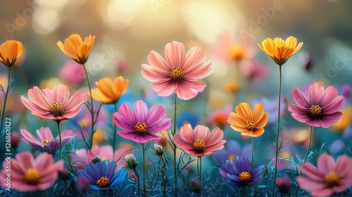 A vibrant field of colorful flowers in a serene, sunlit setting.