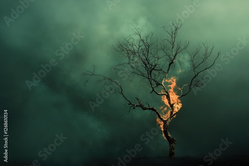 Lone leafless tree engulfed in flames amidst foggy atmosphere