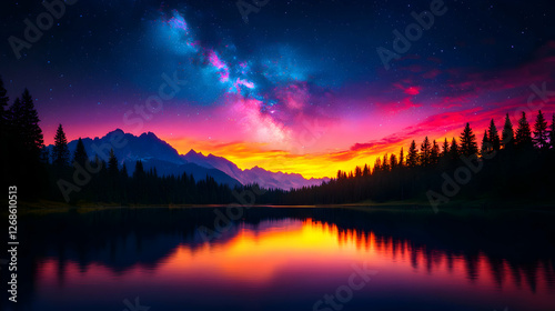 Vibrant Night Sky Over Serene Mountain Lake