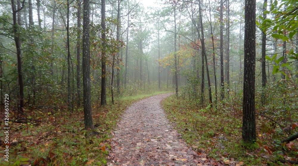 Fototapeta premium Misty Forest Path Tranquil Autumn Walk Through Woods