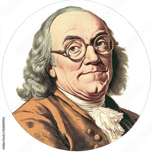 Classic representation of Benjamin Franklin in colonial attire with round glasses on a white background photo