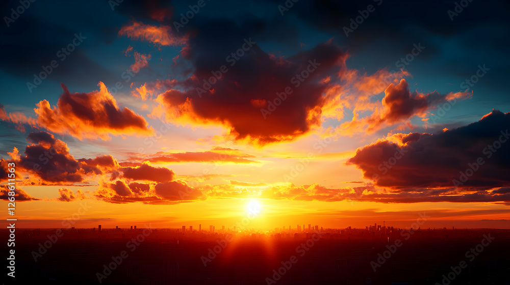 Fototapeta premium Vibrant Orange Sunset Over City Skyline