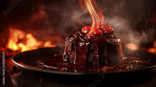 A molten lava cake being cut open, rich chocolate oozing