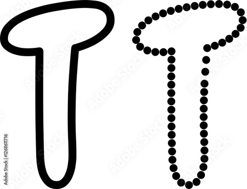 Vector illustration of uppercase letter T in bold outline and dashed line style. Ideal for kids' tracing worksheets, coloring pages, and educational materials.