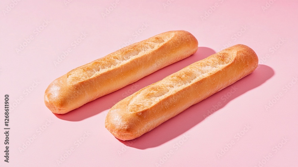 Two baguettes on a light pink background, close-up, high-resolution photography, stock photo, professional color grading, soft shadows, low contrast, clean, sharp focus. Two baguettes on a light pink background, close-up, high-resolution photography, stock photo, professional color grading, soft shadows, low contrast, clean, sharp focus.