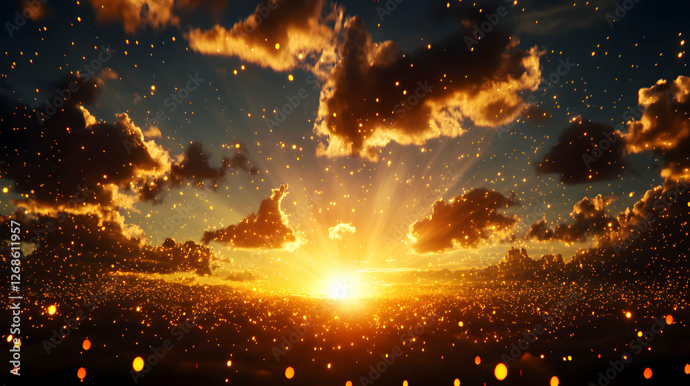 Fototapeta premium Vibrant Orange Sunset with Sparkling Particles