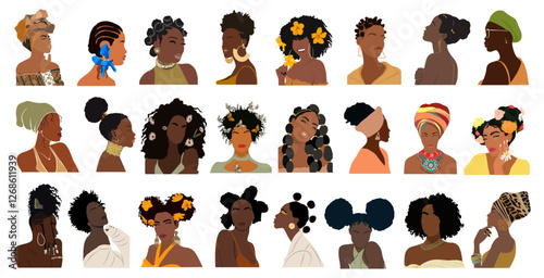 Modern Woman Portrait collection for Abstract Female Prints, Boho Girl Wall Art Decor, Mid Century wallpaper design, avatars. Stylish black women Vector illustration in Earthy Tones isolated on white.