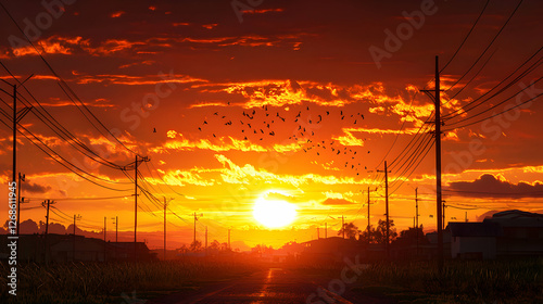 Vibrant Orange Sunset with Birds Silhouetted Against Power Lines