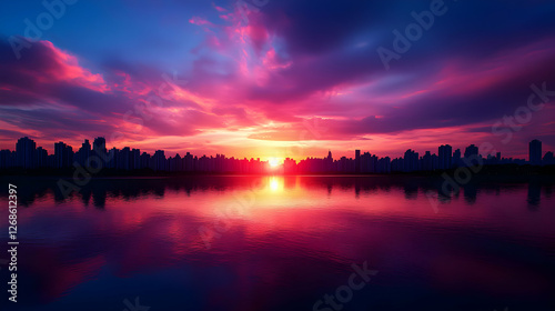 Vibrant Pink And Purple Sunset City Skyline Reflection
