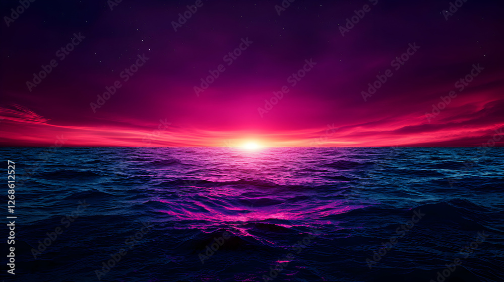 Obraz premium Vibrant Pink And Purple Sunset Over Dark Ocean