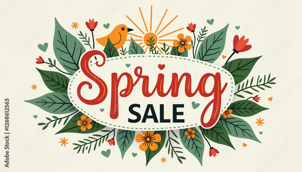 Spring sale festive text surrounded by colorful flowers and greenery in a cheerful design
Spring sale festive text surrounded by colorful flowers and greenery in a cheerful design