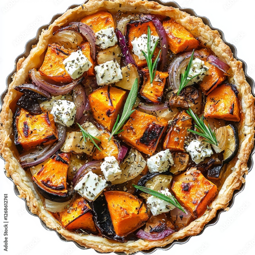 Savory roasted butternut squash and onion tart topped with herbs and cheese on a flakey pastry crust Savory roasted butternut squash and onion tart topped with herbs and cheese on a flakey pastry crust