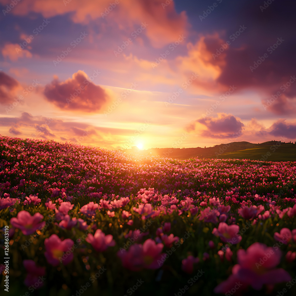 Naklejka premium Vibrant Pink Flower Field at Sunset