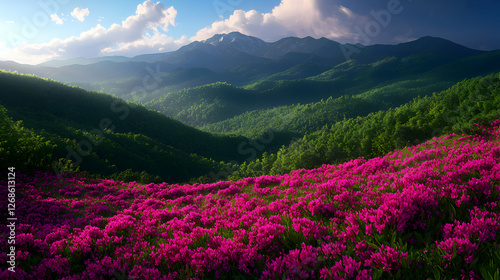Vibrant Pink Flowers Blooming on Lush Green Hills Against Mountain Range