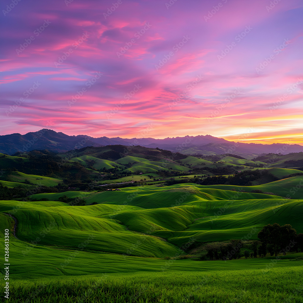 Vibrant Pink Sunset Over Rolling Green Hills Vibrant Pink Sunset Over Rolling Green Hills