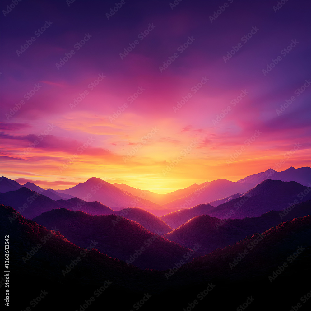 Fototapeta premium Vibrant Purple and Pink Sunset Over Mountain Range