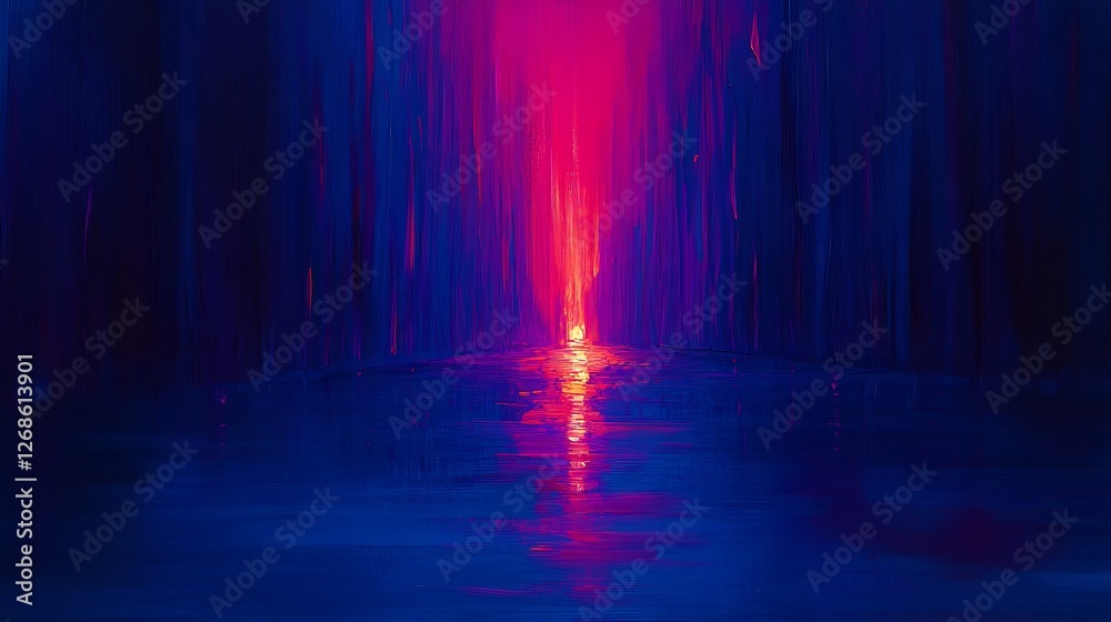 Fototapeta premium Vibrant pink light illuminates dark blue water scene mysterious forest backdrop. AI Generated