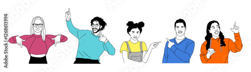 Different People pointing to the side, up and down with fingers. Happy excited men, women showing , presenting goods or services. Korean, japanese, asian cartoon style outline vector drawing isolated.