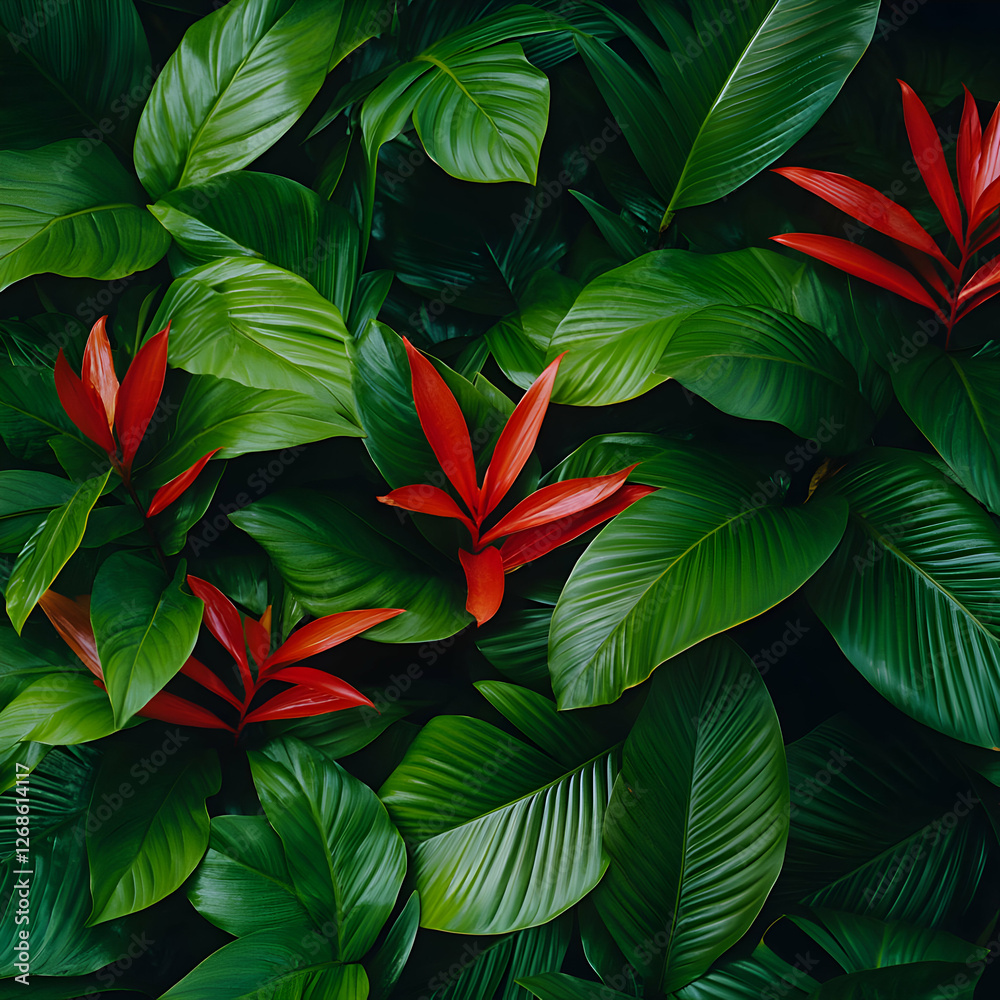 Obraz premium Vibrant Red And Green Tropical Leaves Texture