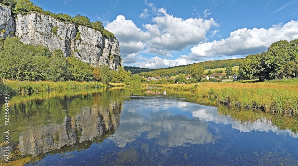 Fototapeta premium Scenic river reflecting cliffs and village